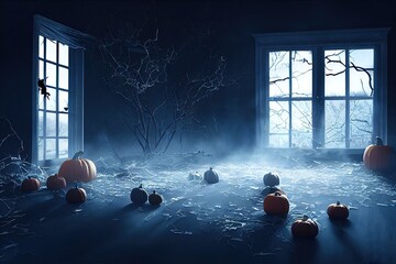 Spooky Halloween night in old scary house with pumpkins and smoke.