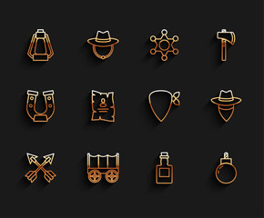 Sticker - Set line Crossed arrows, Wild west covered wagon, Camping lantern, Tequila bottle, Bomb ready to explode, Wanted western poster, Cowboy and bandana icon. Vector