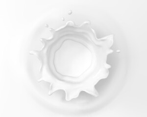 Milk crown splash, splashing in milk pool. Splashing milk top view. Vector realistic illustration