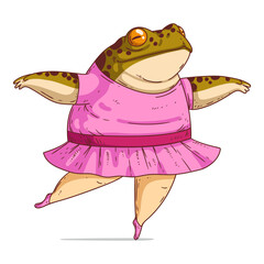 Wall Mural - A Ballerina Frog, isolated vector illustration. Funny cartoon picture of a fat toad dancer wearing a pink ballet dress. Drawn animal sticker. An anthropomorphic toad on white. A dressed animal.