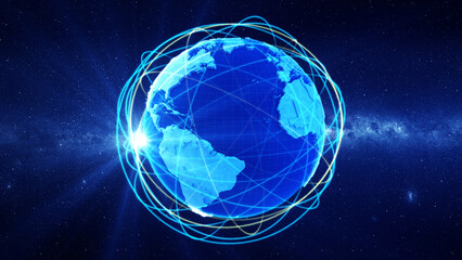 Leinwandbilder - Global international connectivity background/Community lines around earth. Motion of digital data flow. Futuristic technology theme background with Light Effect. 