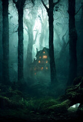 Wall Mural - Haunted house in foggy forest