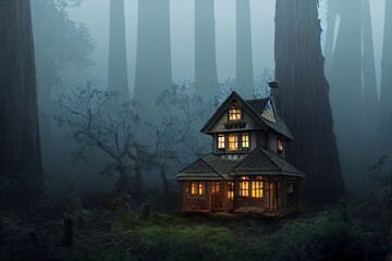 Wall Mural - Little cottages in foggy forest