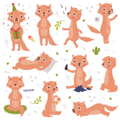 Sticker - Cute Little Xerus Character with Pretty Snout Engaged in Different Activity Vector Set