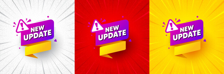 Poster - New update paper banner. Flash offer banner, coupon or poster. Important message tag. Exclamation mark icon. New update promo banner. Retail marketing flyer. Starburst pop art. Vector