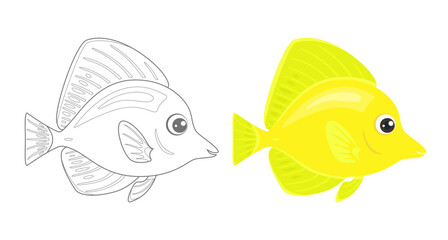 Wall Mural - Coloring page outline of cartoon yellow tang. Funny vector ocean coral reef fish zebrasoma. Simple flat illustration. Coloring book for children. 