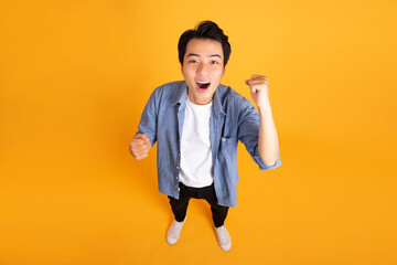 Wall Mural - image of asian man posing on a yellow background