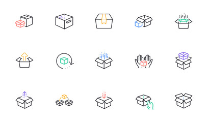 Poster - Box line icons. Package, delivery boxes, cargo box. Cargo distribution, export boxes, return parcel icons. Shipment of goods, open package. Linear set. Bicolor outline web elements. Vector