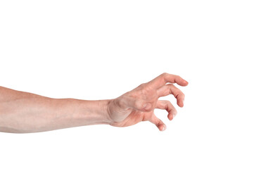 realistic human hand showing gesture. white skin man arm isolated on transparent background. angry n