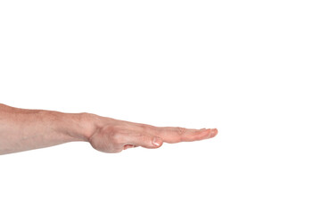 Wall Mural - Realistic human hand showing gesture. White skin man arm isolated on transparent background. Straight fingers, side view arm