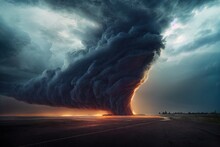 Tornado. Digital Art. Massive Tornado, Cyclone On Land With Huge Clouds. Thunderstorm, Post Apocalyptic Feeling. Art Landscape Of Natural Disaster. Fantasy Wallpaper.