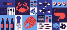 Geometric Seafood Background. Mosaic Minimal Crab Shrimp Fish Oyster Octopus Salmon Simple Bauhaus Style. Vector Pattern
