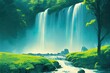 Waterfalls. Minimal digital art. Colorful painting of waterfall in forest. Trees and river. Bright happy illustration. Simple bright nature landscape.