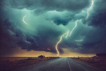 Thunderstorm On The Road Digital Art. Lightning, Thunder And Rain On Asphalt Road. Grey Clouds, Dark Stormy Weather