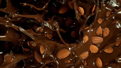 Canvas Print - Super Slow Motion of Falling Almonds Into Melted Chocolate. Filmed on High Speed Cinema Camera, 1000fps.