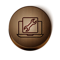 Poster - Brown line Laptop with wrench icon isolated on white background. Adjusting, service, setting, maintenance, repair, fixing. Wooden circle button. Vector
