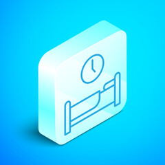 Sticker - Isometric line Time to sleep icon isolated on blue background. Silver square button. Vector