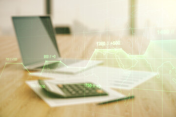 Poster - Abstract virtual analytics data spreadsheet on blurry calculator and computer background, analytics and analysis concept. Multiexposure