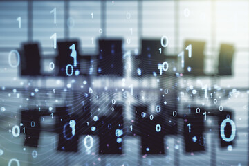 Aufkleber - Abstract virtual binary code illustration on a modern conference room background. Big data and coding concept. Multiexposure