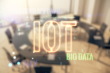 Aufkleber - Abstract virtual IOT hologram on a modern conference room background. Multiexposure