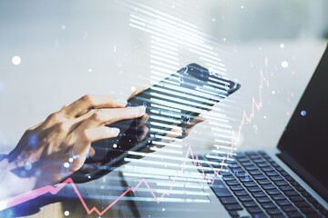 Creative Bitcoin concept with finger clicks on a digital tablet on background. Multiexposure