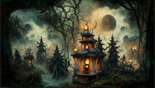Digital Art Of A Haunted House In A Foggy Forest At Halloween.