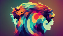 Abstract And Minimalistic Lion With Retro Colors - Digital Art.