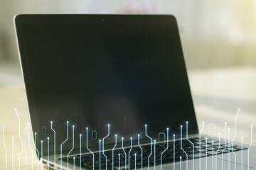 Aufkleber - Double exposure of circuit hologram on laptop background. Research and development hardware concept
