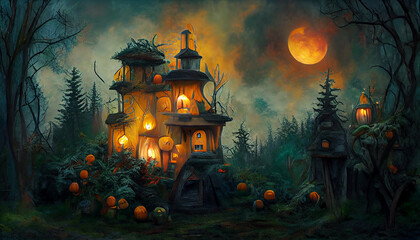 Digital art of a haunted house in a foggy forest at Halloween.