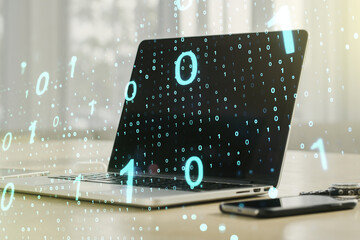 Aufkleber - Creative abstract binary code sketch on modern laptop background, hacking and matrix concept. Multiexposure