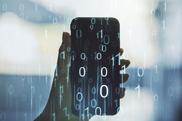 Aufkleber - Creative concept of binary code illustration and hand with phone on background. Big data and coding concept. Multiexposure