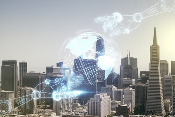 Poster - Double exposure of abstract virtual robotics technology with world map hologram on San Francisco city skyscrapers background. Research and development software concept