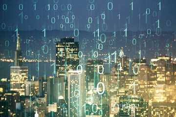 Aufkleber - Abstract virtual binary code hologram on San Francisco cityscape background, AI and machine learning concept. Multiexposure