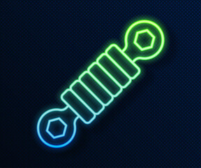 Sticker - Glowing neon line Shock absorber icon isolated on blue background. Vector