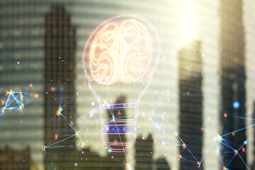 Poster - Abstract virtual light bulb illustration with human brain on modern architecture background, future technology concept. Multiexposure