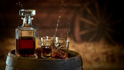 Aufkleber - Super slow motion of falling ice cube into whiskey. Speed ramp effect. Filmed on high speed cinema camera, 1000fps.