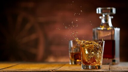 Aufkleber - Super slow motion of falling ice cube into whiskey. Speed ramp effect. Filmed on high speed cinema camera, 1000fps.