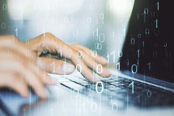Aufkleber - Creative concept of binary code illustration and hands typing on laptop on background. Big data and coding concept. Multiexposure