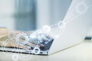 Aufkleber - Creative abstract robotics technology sketch and hands typing on computer keyboard on background, future technology and AI concept. Double exposure