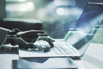 Poster - Double exposure of abstract creative statistics data hologram with hands typing on laptop on background, analytics and forecasting concept