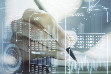 Poster - Abstract creative analytics data spreadsheet with woman hand writing in diary on background, analytics and analysis concept. Multiexposure