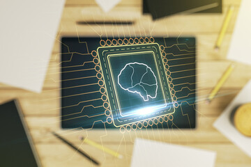 Aufkleber - Double exposure of creative human brain microcircuit and modern digital tablet on background. Future technology and AI concept