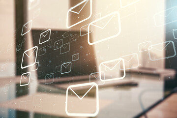 Poster - Double exposure of postal envelopes hologram on laptop background. Electronic mail and spam concept