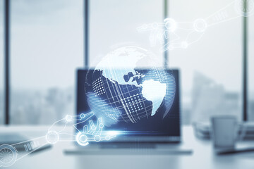 Aufkleber - Creative concept of robotics technology with globe sketch on modern laptop background. Robot development and automation concept. Multiexposure