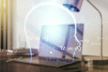 Aufkleber - Creative artificial Intelligence concept with human head sketch on modern computer background. Double exposure