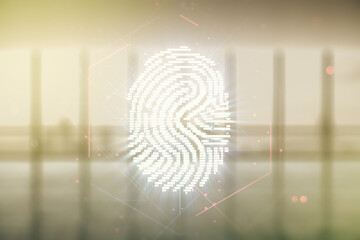 Poster - Double exposure of virtual creative fingerprint hologram on empty room interior background, protection of personal information concept