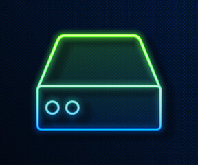 Poster - Glowing neon line Server, Data, Web Hosting icon isolated on blue background. Vector