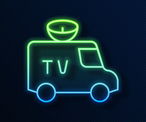 Sticker - Glowing neon line TV News car with equipment on the roof icon isolated on blue background. Vector