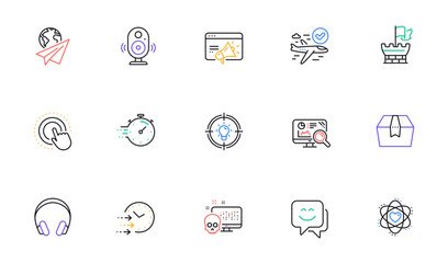 Confirmed flight, Speaker and Seo analytics line icons for website, printing. Collection of Idea, Delivery time, Headphones icons. Atom, Shield, Timer web elements. Smile face. Vector