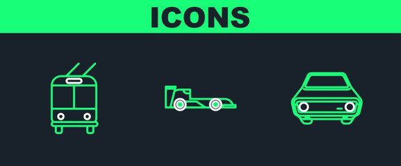 Sticker - Set line Car, Trolleybus and Formula race car icon. Vector